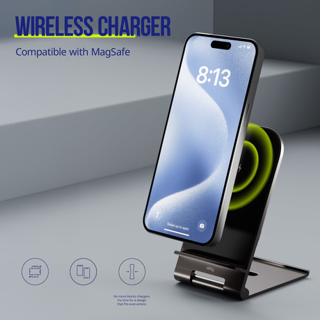 ALLITY AWC-100-15W brezžični polnilec / stojalo, univerzalni, 15W brezžično polnjenje, Qi tehnologija, nastavljiv naklon, USB Type-C, priložen kabel, siv (Graphite)