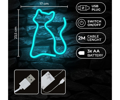 FOREVER Cat NEON LED luč, dekorativna, LED tehnologija, napajanje na USB ali 3x AA baterije, stikalo za vklop / izklop, 200cm kabel, modra