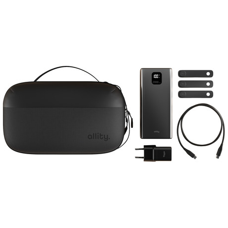 ALLITY ATK 5v1 komplet dodatne opreme, 18-predelni organizator / torbica, 20.000mAh 22.5W powerbank, 20W GaN adapter / polnilec, 1m 60W USB-C / USB-C kabel, 3x silikonska vezica, črn