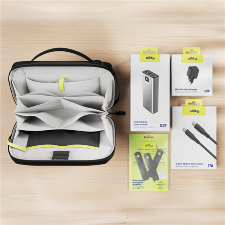 ALLITY ATK 5v1 komplet dodatne opreme, 18-predelni organizator / torbica, 20.000mAh 22.5W powerbank, 20W GaN adapter / polnilec, 1m 60W USB-C / USB-C kabel, 3x silikonska vezica, črn