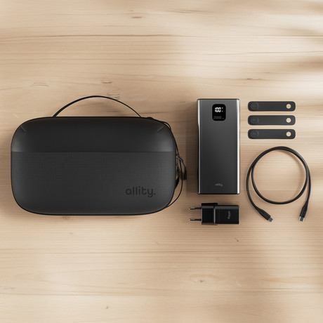 ALLITY ATK 5v1 komplet dodatne opreme, 18-predelni organizator / torbica, 20.000mAh 22.5W powerbank, 20W GaN adapter / polnilec, 1m 60W USB-C / USB-C kabel, 3x silikonska vezica, črn