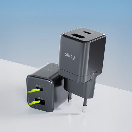 ALLITY ATK 5v1 komplet dodatne opreme, 18-predelni organizator / torbica, 20.000mAh 22.5W powerbank, 20W GaN adapter / polnilec, 1m 60W USB-C / USB-C kabel, 3x silikonska vezica, črn