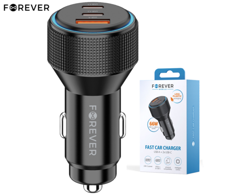 FOREVER CC-07-66ACC avto polnilec, 66W, 12-24V, 1x USB Type-A, 2x USB Type-C, univerzalna kompatibilnost, Power Delivery, Quick Charge, Apple Fast Charge, črn