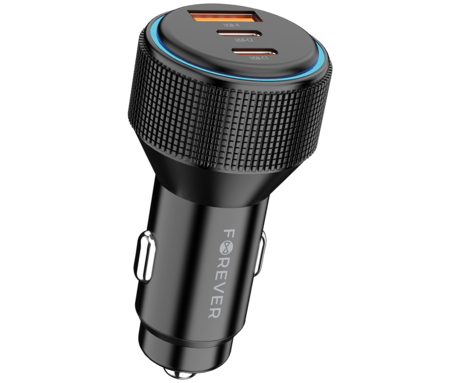 FOREVER CC-07-66ACC avto polnilec, 66W, 12-24V, 1x USB Type-A, 2x USB Type-C, univerzalna kompatibilnost, Power Delivery, Quick Charge, Apple Fast Charge, črn