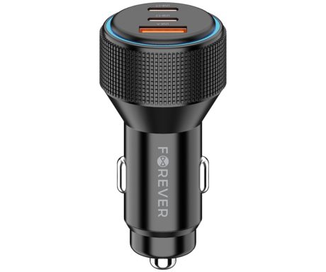 FOREVER CC-07-66ACC avto polnilec, 66W, 12-24V, 1x USB Type-A, 2x USB Type-C, univerzalna kompatibilnost, Power Delivery, Quick Charge, Apple Fast Charge, črn