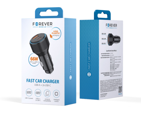 FOREVER CC-07-66ACC avto polnilec, 66W, 12-24V, 1x USB Type-A, 2x USB Type-C, univerzalna kompatibilnost, Power Delivery, Quick Charge, Apple Fast Charge, črn