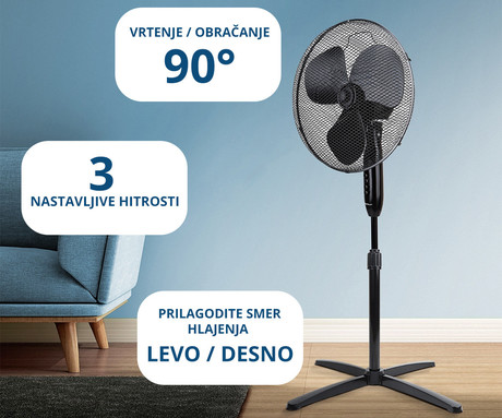 PLATINET PSF1616 ventilator, 16" (41cm), 40W moč, 3 lopatice, samostoječ, MESH zaščitna mreža, robustna konstrukcija, nizka poraba energije, tiho delovanje, kovina, 120x60x60cm, črn