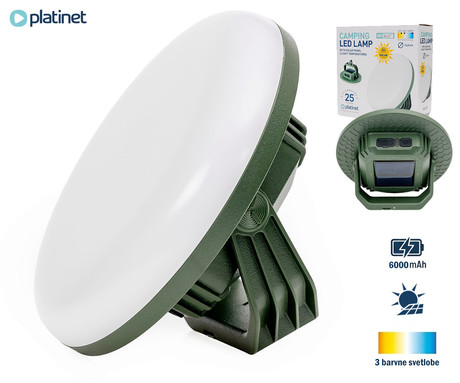 PLATINET PGCL02S CAMPING solarna LED svetilka, 1400 lumnov, 21W moč, solarni panel, stojalo, kavelj, 8000mAh polnilna baterija, 14000-2900K barvna temperatura, USB Type-C, 168x168x62mm, zelena