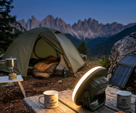 PLATINET PGCL02S CAMPING solarna LED svetilka, 1400 lumnov, 21W moč, solarni panel, stojalo, kavelj, 8000mAh polnilna baterija, 14000-2900K barvna temperatura, USB Type-C, 168x168x62mm, zelena