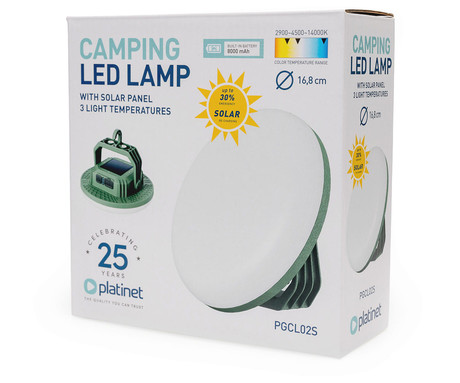 PLATINET PGCL02S CAMPING solarna LED svetilka, 1400 lumnov, 21W moč, solarni panel, stojalo, kavelj, 8000mAh polnilna baterija, 14000-2900K barvna temperatura, USB Type-C, 168x168x62mm, zelena