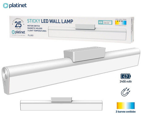 PLATINET PLL003 STICKY stenska / stropna LED svetilka, 170 lumnov, senzor gibanja, magnetno pritrjevanje, 2400mAh polnilna baterija, 7000-2900K barvna temperatura, USB Type-C, 40x6.4x3.4cm, bela