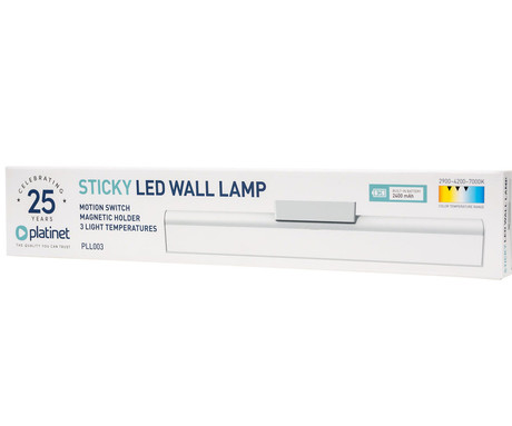 PLATINET PLL003 STICKY stenska / stropna LED svetilka, 170 lumnov, senzor gibanja, magnetno pritrjevanje, 2400mAh polnilna baterija, 7000-2900K barvna temperatura, USB Type-C, 40x6.4x3.4cm, bela