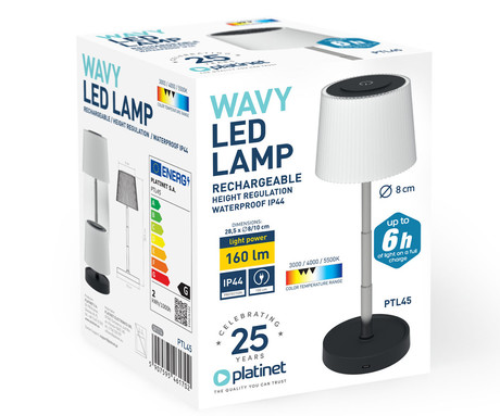PLATINET PTL45 WAVY brezžična namizna LED svetilka, do 160 lumnov, nastavljiva svetlost / barvna temperatura / višina,  1200mAh polnilna baterija, IP44 odpornost, USB Type-C, 28.5x10cm, črno-bela