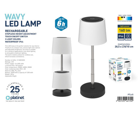 PLATINET PTL45 WAVY brezžična namizna LED svetilka, do 160 lumnov, nastavljiva svetlost / barvna temperatura / višina,  1200mAh polnilna baterija, IP44 odpornost, USB Type-C, 28.5x10cm, črno-bela