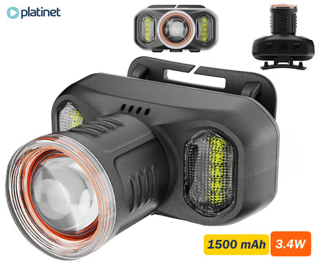 PLATINET PHL2923 naglavna LED svetilka, 3.4W moč, 250 lumnov, 1500mAh polnilna baterija, nastavljiva svetlost, ZOOM funkcija, 5 načinov delovanja, upravljanje z gumbi, +naglavni trak, USB Type-C, črna