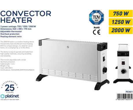 PLATINET PEH01 električni konvektorski grelnik / radiator, 2000W, 3 moči gretja, termostat, zaščita pred pregrevanjem, 140cm kabel, 54x30x19cm, bel