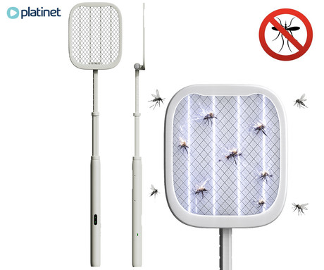 PLATINET PRMB3875 2v1 električni lopar proti mrčesu / insektom, 5W moč, zložljiva zasnova, polnilna baterija, visoka učinkovitost, trpežna izdelava, tiho delovanje, USB Type-C, bel