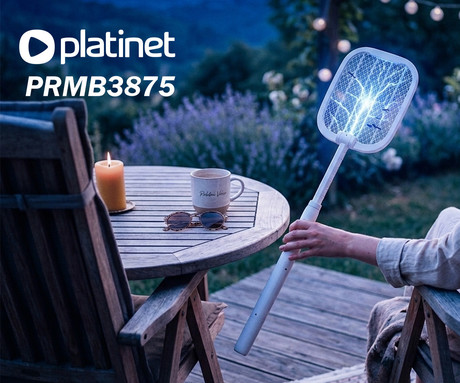 PLATINET PRMB3875 2v1 električni lopar proti mrčesu / insektom, 5W moč, zložljiva zasnova, polnilna baterija, visoka učinkovitost, trpežna izdelava, tiho delovanje, USB Type-C, bel