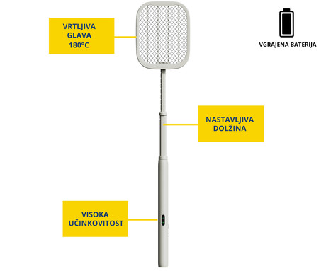 PLATINET PRMB3875 2v1 električni lopar proti mrčesu / insektom, 5W moč, zložljiva zasnova, polnilna baterija, visoka učinkovitost, trpežna izdelava, tiho delovanje, USB Type-C, bel