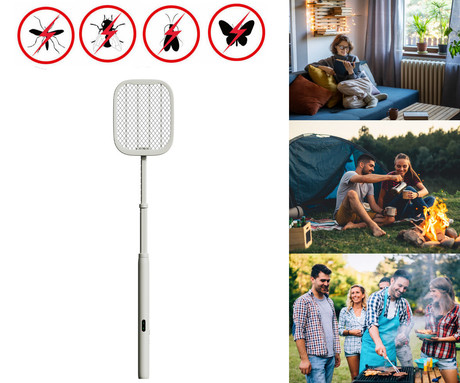 PLATINET PRMB3875 2v1 električni lopar proti mrčesu / insektom, 5W moč, zložljiva zasnova, polnilna baterija, visoka učinkovitost, trpežna izdelava, tiho delovanje, USB Type-C, bel