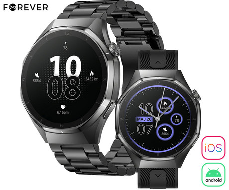 FOREVER xBASE SW-720 pametna ura, 1.43" AMOLED zaslon, 2 paščka, BT 5.3, Android + iOS, baterija, aplikacija, spremljanje zdravja / spanca / aktivnosti, AGC 6H steklo, IP68, črna (Classic Black)