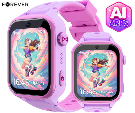 FOREVER BESTI KW-540 AI otroška pametna ura, 4G LTE, Android OS, 1.72" IPS zaslon, AI funkcije, GPS+WIFI+LBS lociranje, SMS / video / klici, SOS gumb, aplikacija, IP65, 2 paščka, roza (Blossom Pink)