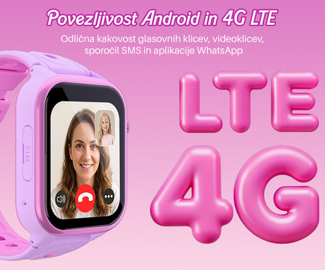 FOREVER BESTI KW-540 AI otroška pametna ura, 4G LTE, Android OS, 1.72" IPS zaslon, AI funkcije, GPS+WIFI+LBS lociranje, SMS / video / klici, SOS gumb, aplikacija, IP65, 2 paščka, roza (Blossom Pink)