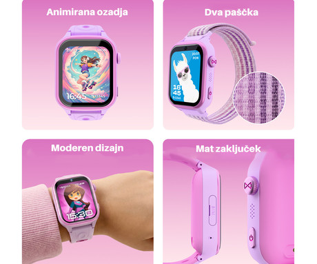FOREVER BESTI KW-540 AI otroška pametna ura, 4G LTE, Android OS, 1.72" IPS zaslon, AI funkcije, GPS+WIFI+LBS lociranje, SMS / video / klici, SOS gumb, aplikacija, IP65, 2 paščka, roza (Blossom Pink)
