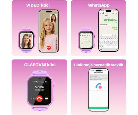 FOREVER BESTI KW-540 AI otroška pametna ura, 4G LTE, Android OS, 1.72" IPS zaslon, AI funkcije, GPS+WIFI+LBS lociranje, SMS / video / klici, SOS gumb, aplikacija, IP65, 2 paščka, roza (Blossom Pink)