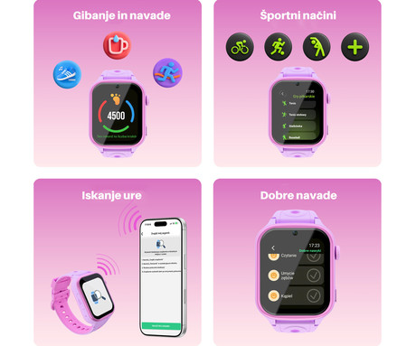 FOREVER BESTI KW-540 AI otroška pametna ura, 4G LTE, Android OS, 1.72" IPS zaslon, AI funkcije, GPS+WIFI+LBS lociranje, SMS / video / klici, SOS gumb, aplikacija, IP65, 2 paščka, roza (Blossom Pink)