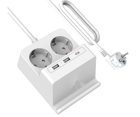 WELL EXTS-2S2M-USBC3W električni podaljšek s prenapetostno zaščito, 2x SCHUKO, 2x USB Type-A, 1x USB Type-C, 10W brezžični polnilec, 220-250V 16A, 2m kabel, IP20 odpornost, bel