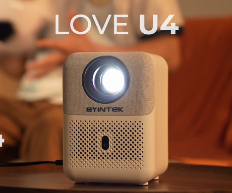 BYINTEK LOVE U4 prenosni LED projektor, Android, WiFi, Bluetooth, 300 ANSI lumnov, zvočnik, samodejni fokus, deljenje zaslona, max 4K UHD, USB / HDMI / AUX, + daljinec, bela, siva