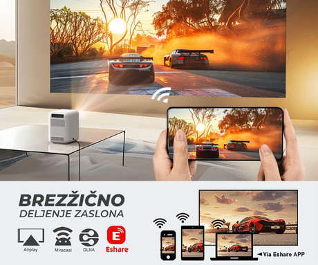 BYINTEK LOVE U4 prenosni LED projektor, Android, WiFi, Bluetooth, 300 ANSI lumnov, zvočnik, samodejni fokus, deljenje zaslona, max 4K UHD, USB / HDMI / AUX, + daljinec, bela, siva