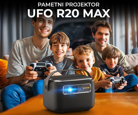 BYINTEK UFO R20 MAX prenosni 3D LED DLP projektor, Android, Dual WiFi, Bluetooth, 2GB+16GB, baterija, 750 lumnov, STEREO zvočniki, max 4K UHD, USB / HDMI / RJ-45/ AUX, + daljinec