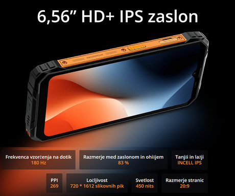 Blackview FORT 1 robustni pametni telefon, 6.56", 4G LTE, 6GB+256GB, HD+ IPS, 90Hz, Android, 3v1 AI, 10000mAh, WIFI 5, BT 5.2, Dual SIM, GPS, NFC, IP68 & IP69K & MIL-STD-810H, črn