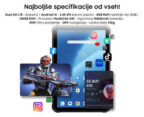 Blackview ACTIVE 7 robusten tablični računalnik, 11", 3v1 AI, 4G LTE, 8GB+128GB, IPS FHD+, Android, 10000mAh, WIFI 5, Bluetooth, Dual SIM, GPS, NFC, stereo zvočniki, +dodatki, črn