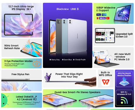 Blackview LINK 8 tablični računalnik, 12.7", Next-Gen AI, 6GB+256GB, IPS 2K+, 90Hz, Android, 8400mAh, WIFI 5, BT 5.0, GPS, QUAD STEREO zvočniki, +ovitek, +dodatki, siv (Starry Gray)