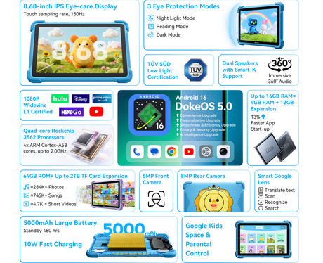 Blackview LINK 1 KIDS tablični računalnik, 8.68", 3v1 AI, 4GB+64GB, IPS HD, Android, Google Kids Space, 5000mAh, WIFI 6, Bluetooth, Widevine L1, stereo zvočniki, +dodatki, moder (Ocean Blue)