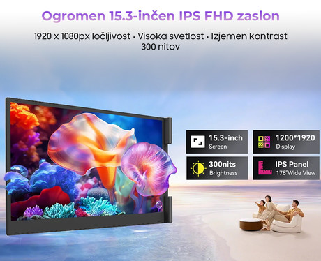 Blackview DCM8 dvojni zaslon / monitor za prenosnik, 39cm (15.3"), Full HD, 60Hz, IPS, 300nit, 100% sRGB, HDMI / USB-C, univerzalna združljivost, 180° nastavljiv kot, Quick-Fit montaža, Low Blue Light