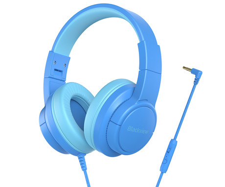 Blackview FITBUDS K1 otroške naglavne slušalke, nastavljive, zložljive, multifunkcijski gumb, klicanje, mikrofon, 2 načina BOOSTED/SAFE, 3.5mm jack, +adapter USB Type-C, modre (Bubble Blue)