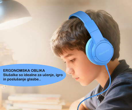 Blackview FITBUDS K1 otroške naglavne slušalke, nastavljive, zložljive, multifunkcijski gumb, klicanje, mikrofon, 2 načina BOOSTED/SAFE, 3.5mm jack, +adapter USB Type-C, modre (Bubble Blue)