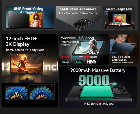 Blackview MEGA 2 tablični računalnik, 12", 4G LTE, 6GB+256GB, IPS 2K, Android, 9000mAh, WIFI 5, Bluetooth, Dual SIM, GPS, AI, stereo zvočniki, +ovitek, +dodatki, siv (Celestial Gray)