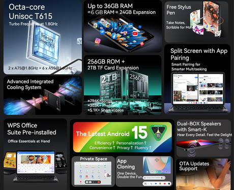 Blackview MEGA 2 tablični računalnik, 12", 4G LTE, 6GB+256GB, IPS 2K, Android, 9000mAh, WIFI 5, Bluetooth, Dual SIM, GPS, AI, stereo zvočniki, +ovitek, +dodatki, siv (Celestial Gray)