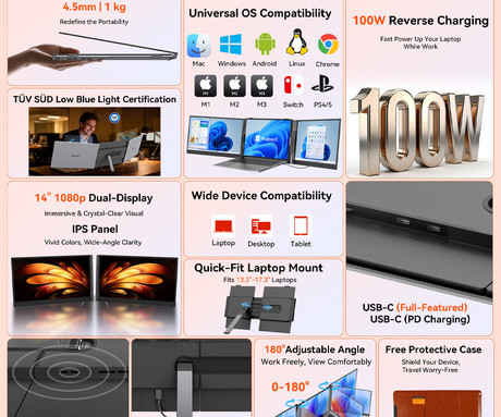 Blackview DCM6 PRO dvojni zaslon / monitor za prenosnik, 35cm (14"), Full HD, 60Hz, IPS, 300nit, 100% sRGB, 2x USB-C, univerzalna združljivost, 180° nastavljiv kot, Quick-Fit montaža, Low Blue Light