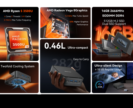 Blackview MP50 namizni mini računalnik, Windows 11 PRO, AMD Ryzen 5 3500U, AMD Radeon Graphics, 16GB RAM, 512GB SSD, WIFI 5, Bluetooth, Ethernet, 4x USB-A, 1x HDMI, 1x DP, minijack, +dodatki, črn