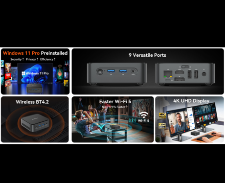 Blackview MP50 namizni mini računalnik, Windows 11 PRO, AMD Ryzen 5 3500U, AMD Radeon Graphics, 16GB RAM, 512GB SSD, WIFI 5, Bluetooth, Ethernet, 4x USB-A, 1x HDMI, 1x DP, minijack, +dodatki, črn