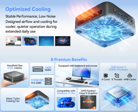 Blackview MP50 namizni mini računalnik, Windows 11 PRO, AMD Ryzen 5 3500U, AMD Radeon Graphics, 16GB RAM, 512GB SSD, WIFI 5, Bluetooth, Ethernet, 4x USB-A, 1x HDMI, 1x DP, minijack, +dodatki, črn