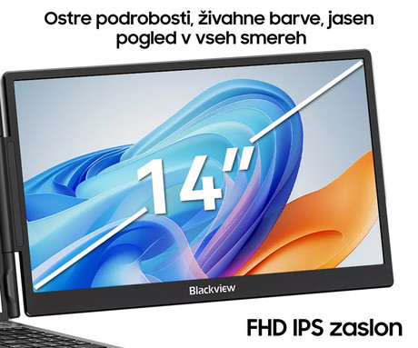 Blackview SCM5 zaslon / monitor za prenosnik, 35cm (14"), Full HD, 60Hz, IPS, 300nit, 3x USB Type-C, univerzalna združljivost, 180° nastavljiv kot, Quick-Fit montaža, Low Blue Light, zvočnik, črn