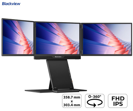 Blackview TABLE 16 trojni prenosni zaslon / monitor, 39cm (15.3"), FHD+, 60Hz, IPS, 300nit, 100% sRGB, 2x USB-C, 1x mini HDMI, univerzalna združljivost, nastavljiv kot, Quick-Fit montaža, LowBlueLight