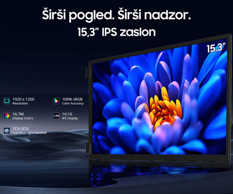 Blackview TABLE 16 trojni prenosni zaslon / monitor, 39cm (15.3"), FHD+, 60Hz, IPS, 300nit, 100% sRGB, 2x USB-C, 1x mini HDMI, univerzalna združljivost, nastavljiv kot, Quick-Fit montaža, LowBlueLight